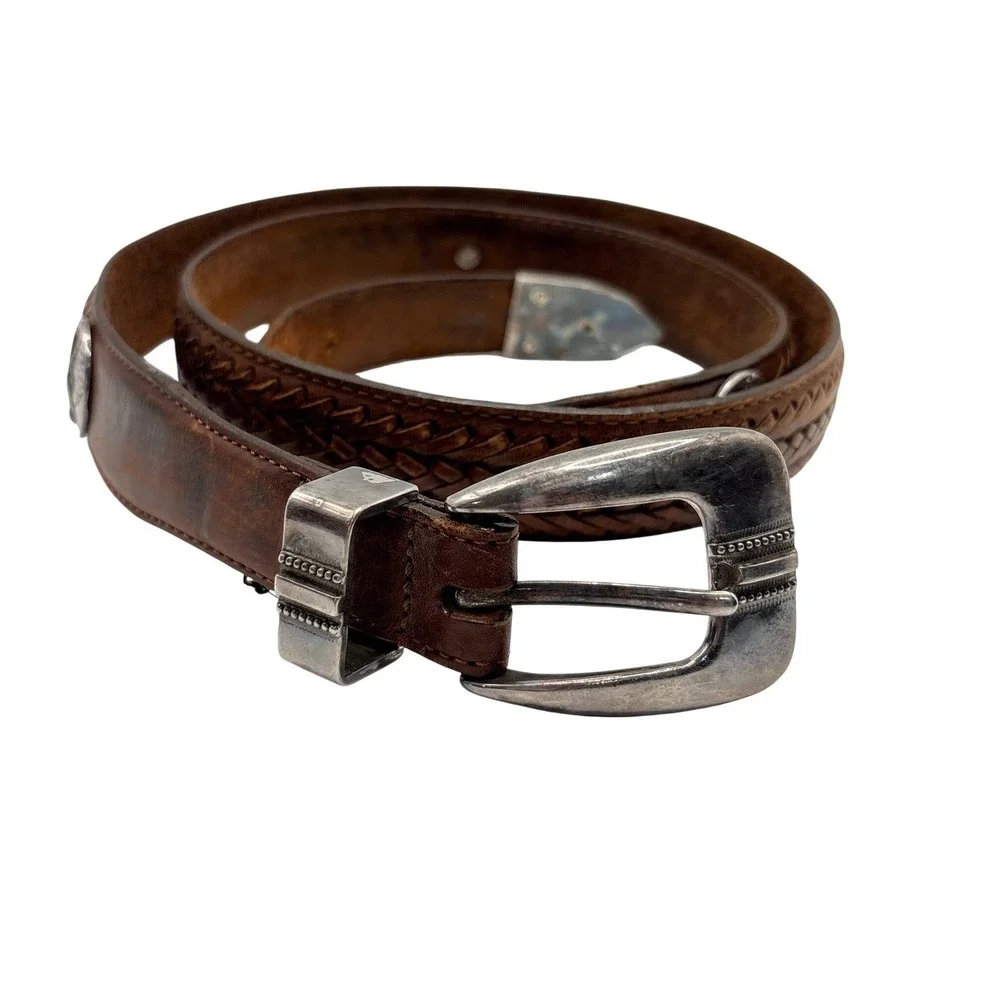 Vintage Onyx by Brighton Leather Belt Mens 42 Brown Golf Concho Braided‎ Western